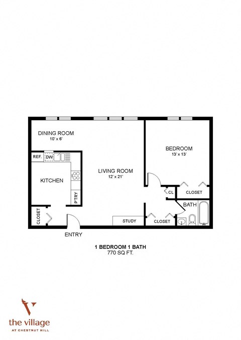 Floor plan for 1 bed, 1 bath, 770 sqft